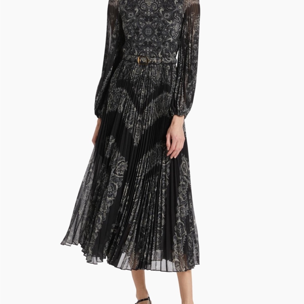 Black Paisley Pleated Midi Dress